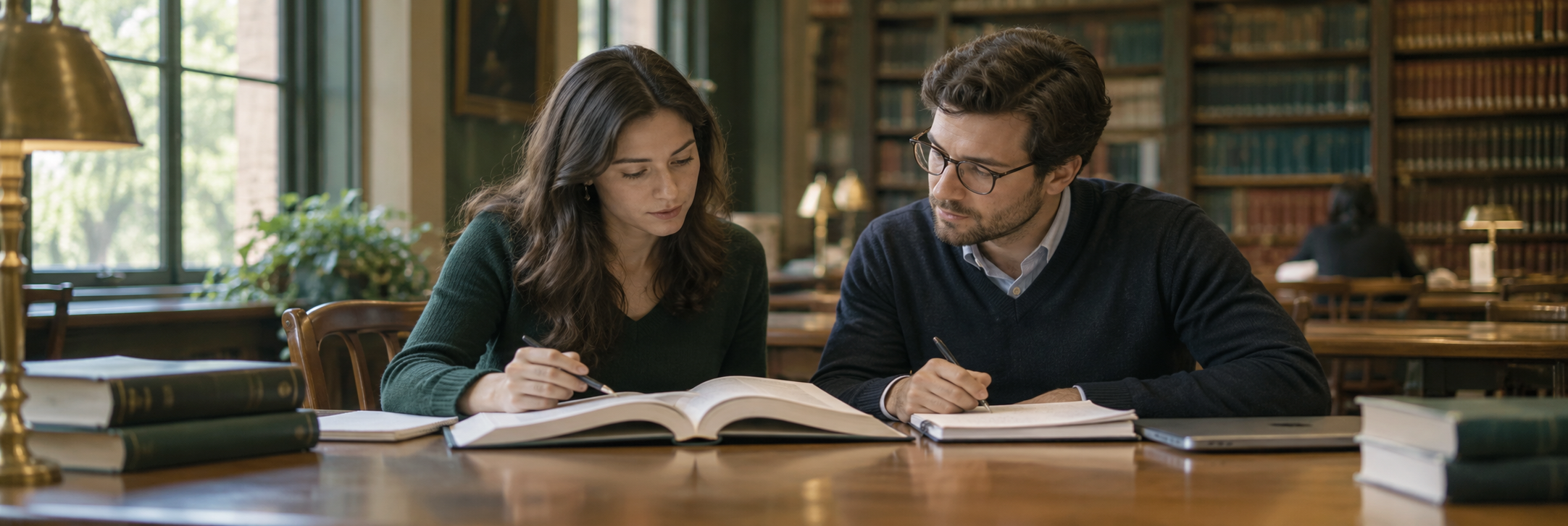 Illustrative scene of two adult law students studying together in a library